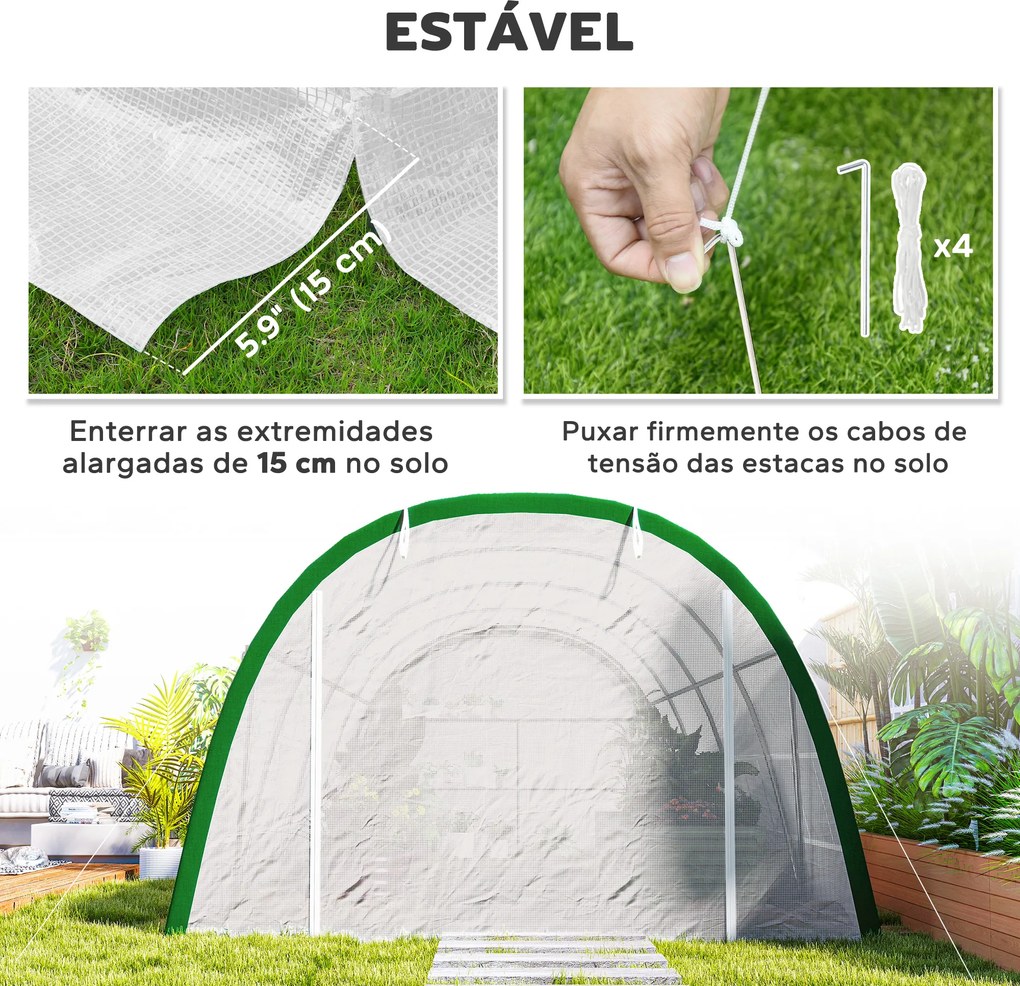 Estufa de Exterior 6x3x2 m Estufa de Túnel com Porta Enrolável 8 Janelas com Rede Cobertura PE 140g/m² Estrutura em Aço Branco