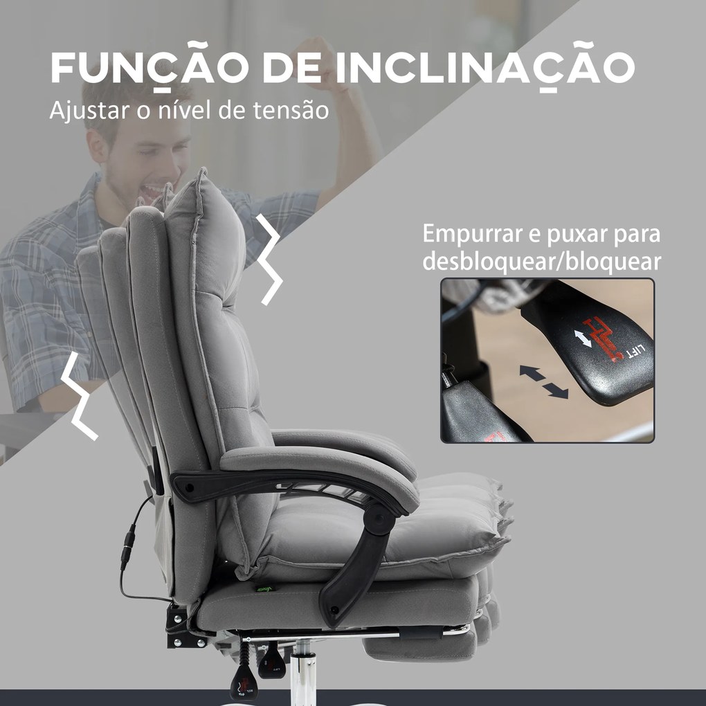 Cadeira de Escritório com 6 Pontos de Massagem e 5 Modos Reclinável com Função de Aquecimento 66x74x114-121,5 cm Cinza