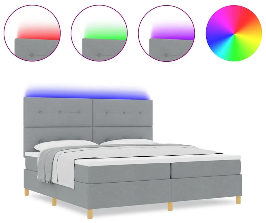 Cama Box com Colchão e Luz LED Cinza Claro 200x200 cm Tecido