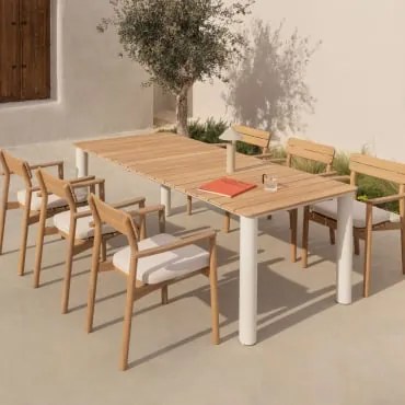 Conjunto De Mesa Retangular 220x100 Cm Em Alumínio E Madeira De Teca Sirka E 6 Cadeiras De Jardim Com Apoios De Braços Em Madeir Madeira - Sklum