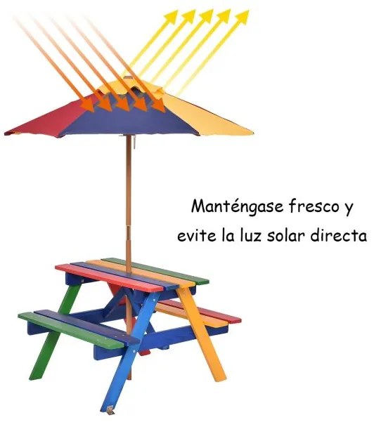 Conjunto de mesa de piquenique de madeira e guarda-sol para crianças dobrável para jardim multicolorido