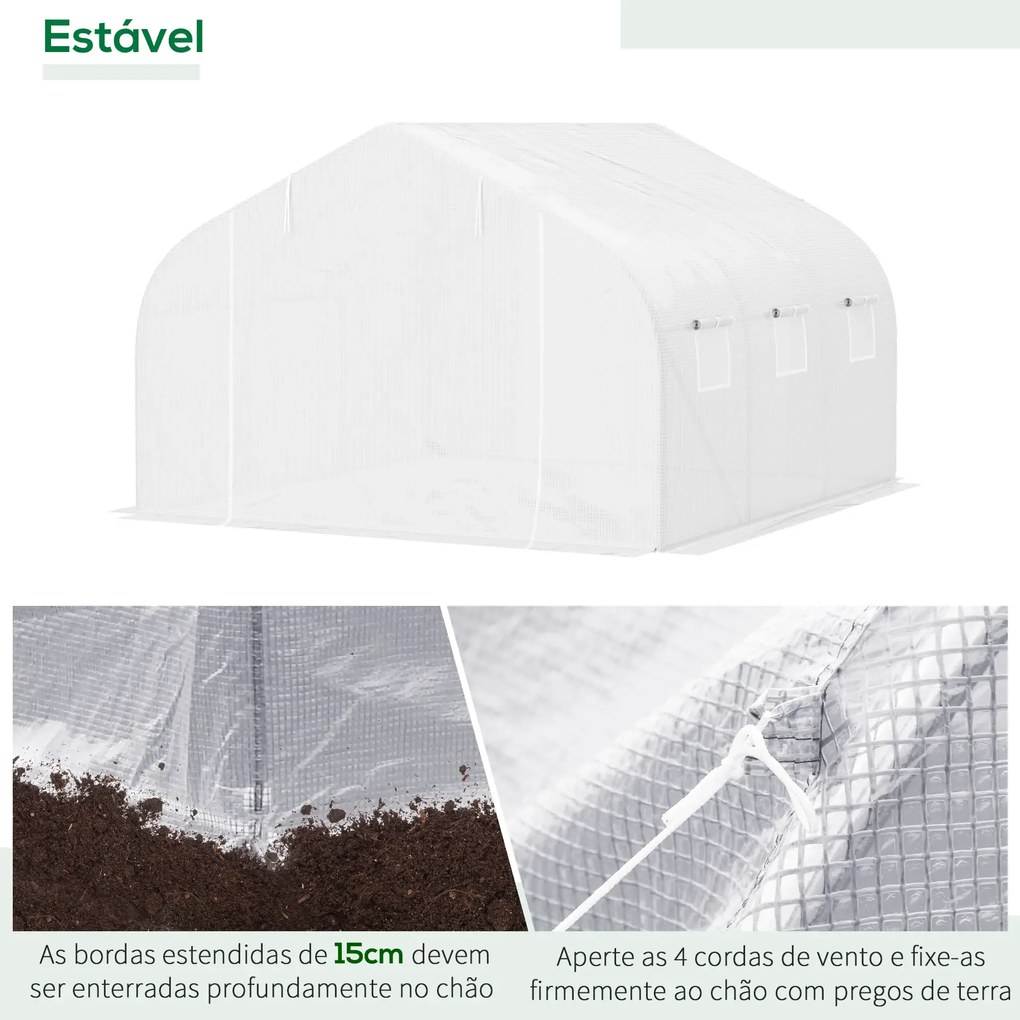 Estufa Tipo Túnel 445x299x200cm com Porta Enrolável 6 Janelas Estufa para Cultivo de Plantas Verduras Branco