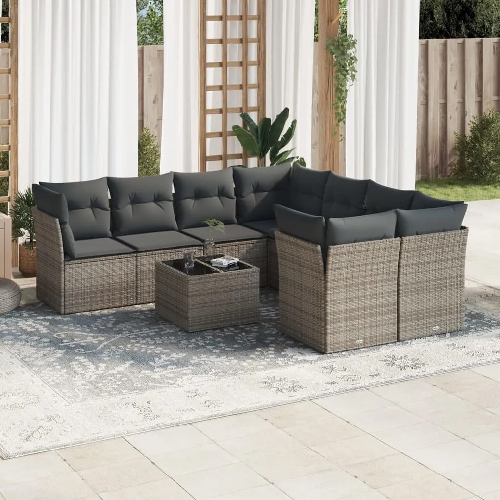 9 pcs conjunto sofás p/ jardim com almofadões vime PE cinzento