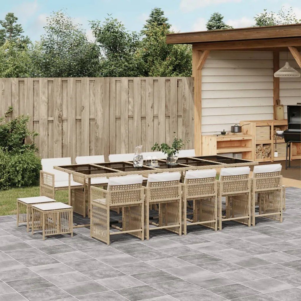 15 pcs conjunto de jantar p/ jardim com almofadões vime PE bege