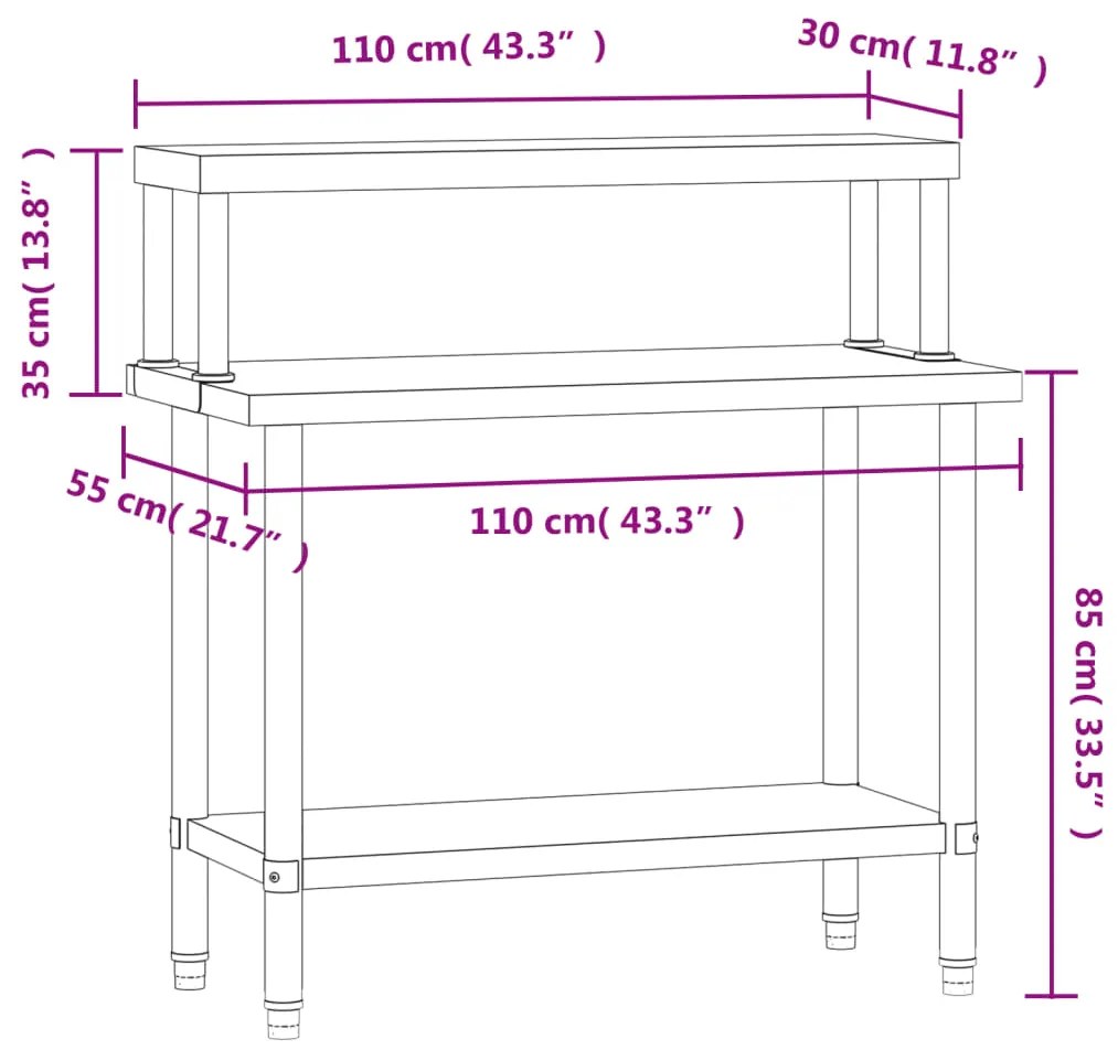 Mesa trabalho cozinha c/ prateleira 110x55x120cm aço inoxidável