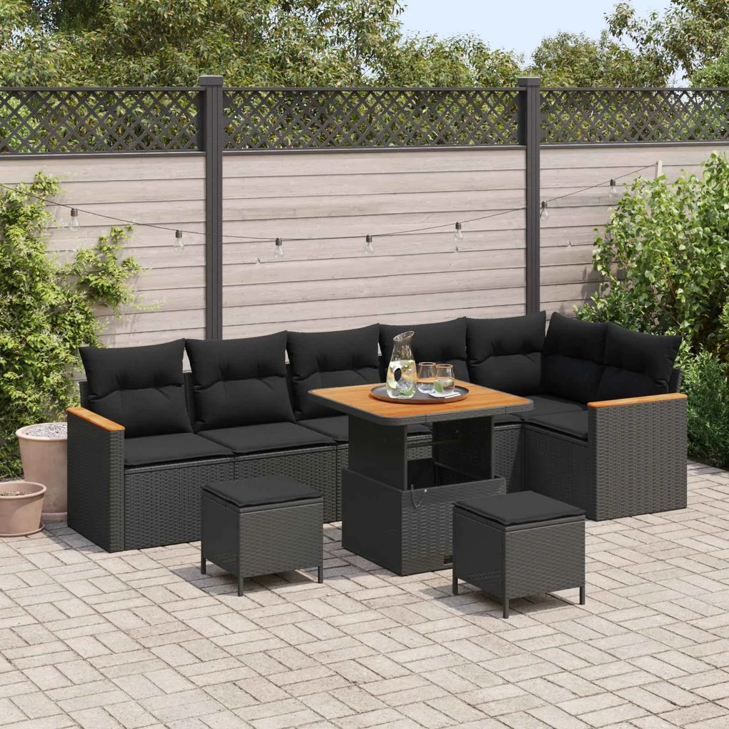 vidaXL Conjunto de Sofá de Jardim 9 pcs Preto Rattan Sintético