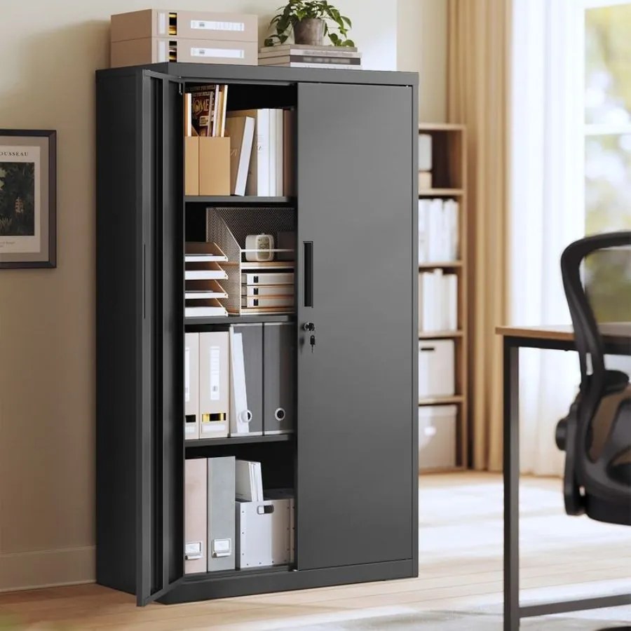 Armário de arquivo escritório com fechadura 80 x 40 x 140 cm, 3 prateleiras ajustáveis, preto mate