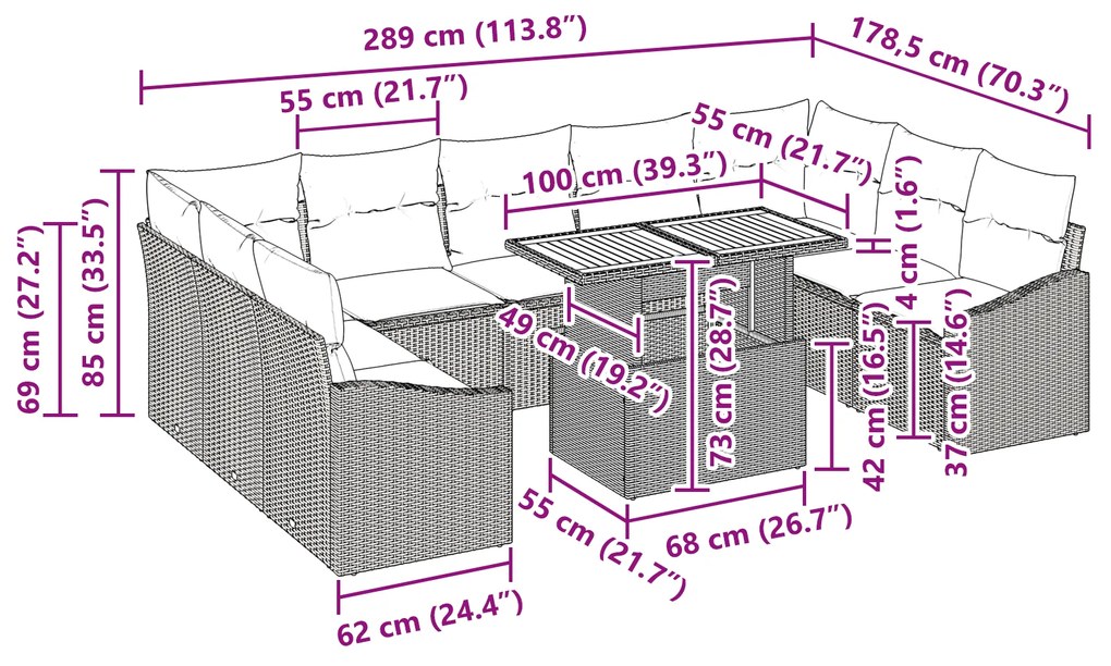 Conjunto de Jantar de Jardim de 10 Peças com Almofadas Preto Poliratan