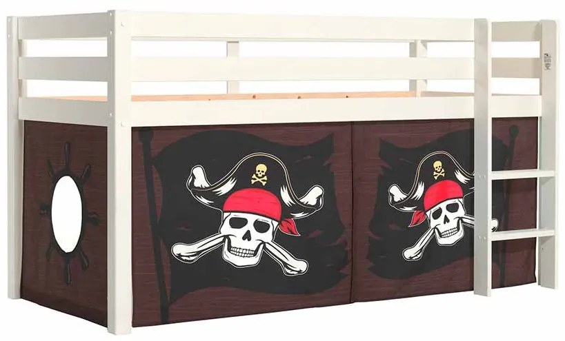 Cama alta de Criança PINO 90 x 200 cm + estrado + escada + cortina Piratas das caraíbas Branca