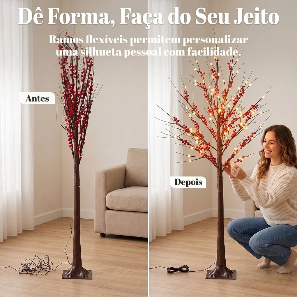 Árvore de Bétula Artificial 150 cm com Bagas Vermelhas 96 LED Temporizador e 12 Ramos Flexíveis