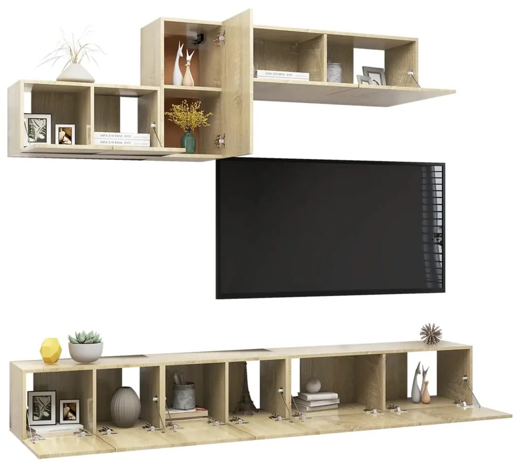 6pcs conjunto de móveis de TV derivados madeira carvalho sonoma