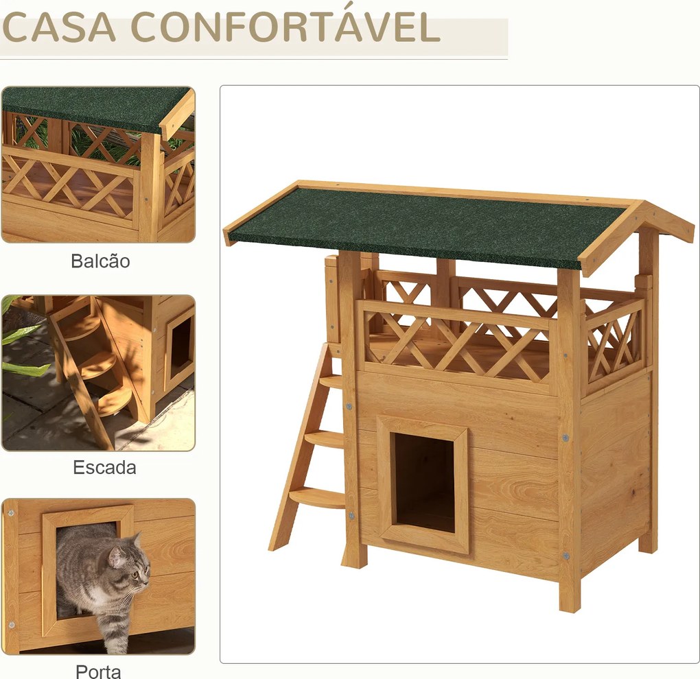 Casa para Gatos de Madeira 77x50x73cm com 2 Níveis Teto Asfáltico Terraço Cercado Caverna e Escada Madeira