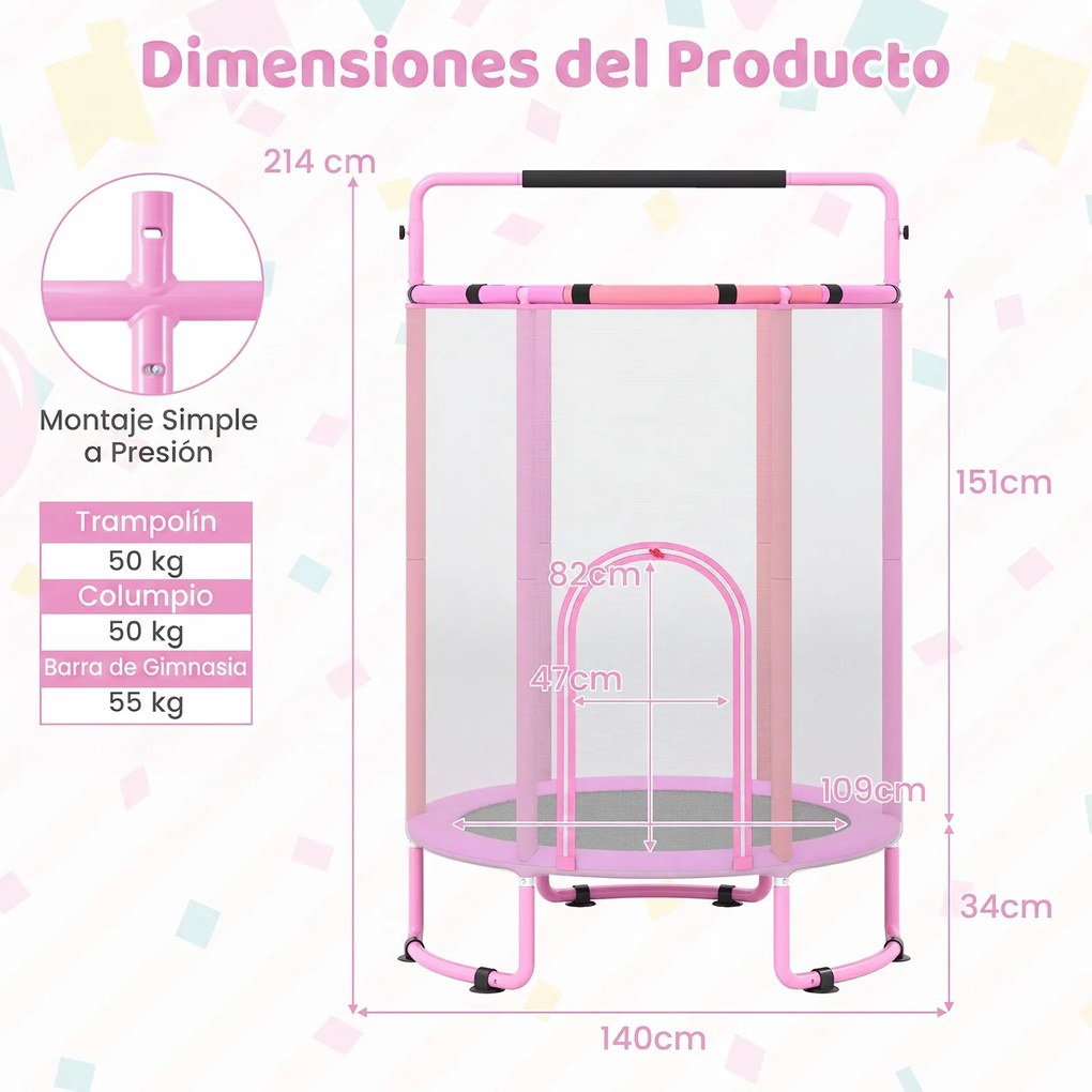 Trampolim Infantil, 140 x 140 x 214 cm, 6 em 1 com Acessórios de Brincadeira, Cor-de-rosa