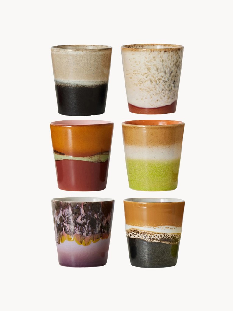Canecas pintadas à mão com vidrado reativo 70's, conjunto de 6