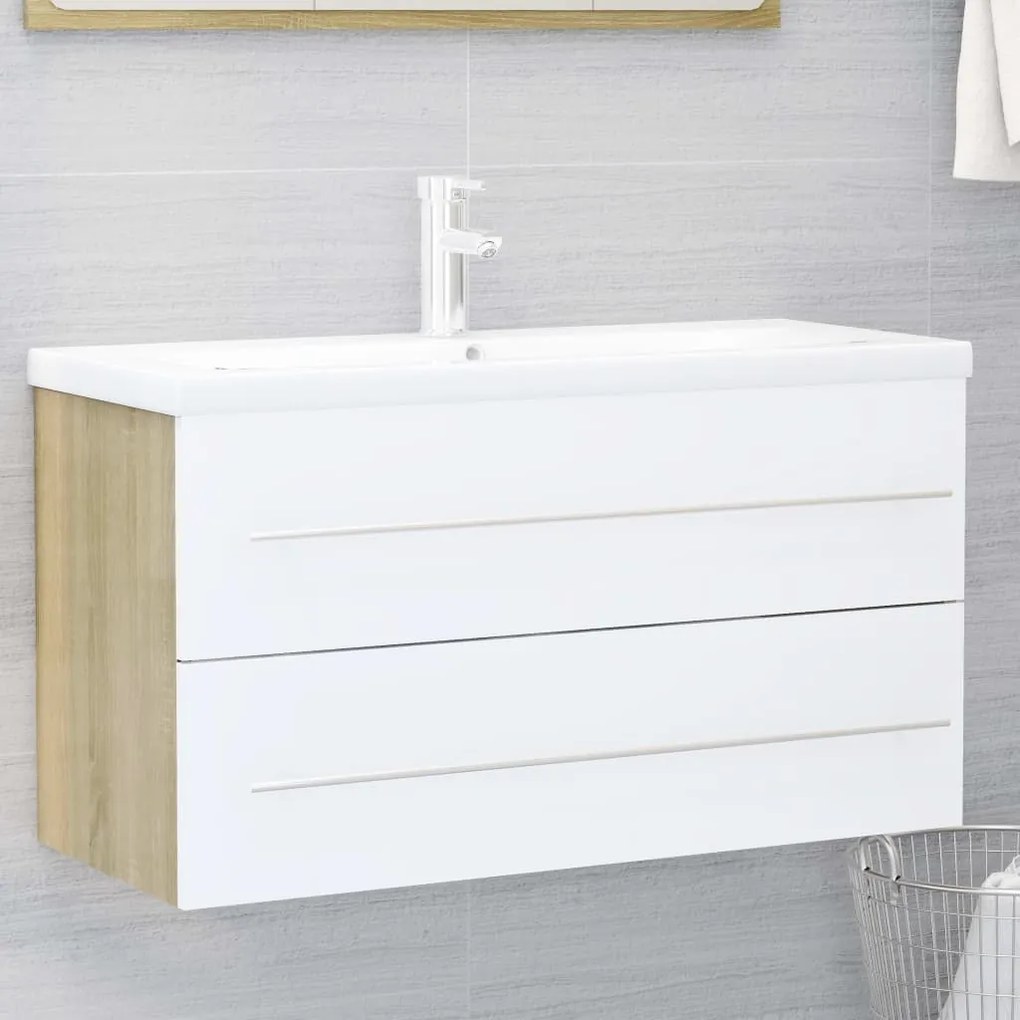 vidaXL Armário lavatório 90x38,5x48cm contrapl. branco/carvalho sonoma