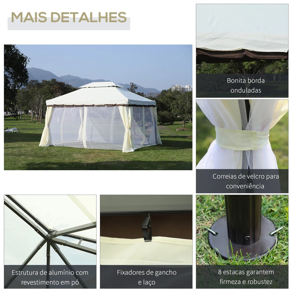 Pérgola de Jardim 390x290 cm com Teto de Ventilação 4 Cortinas Laterais Tela Mosquiteira e 8 Orifícios de Drenagem Branco