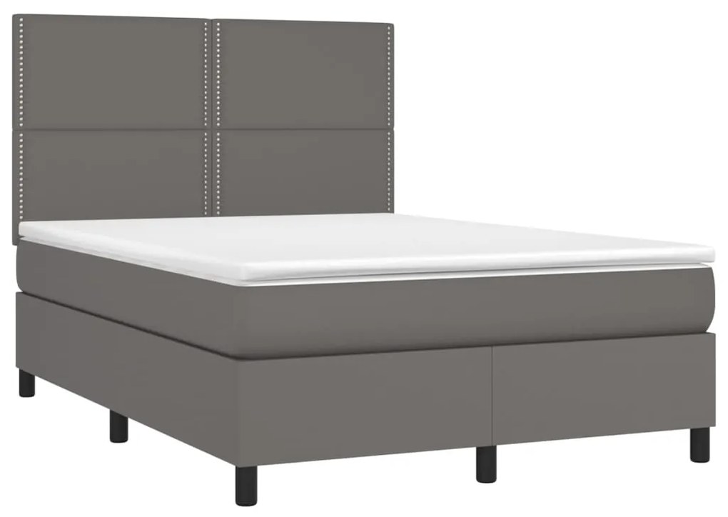 Cama box spring c/ colchão/LED 140x190cm couro artificial cinza