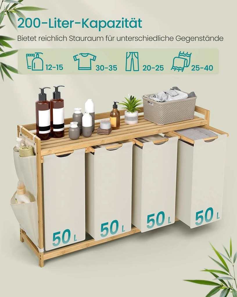 Cesto da roupa suja com 4 compartimentos 124,6 x 33 x 78 cm Branco creme