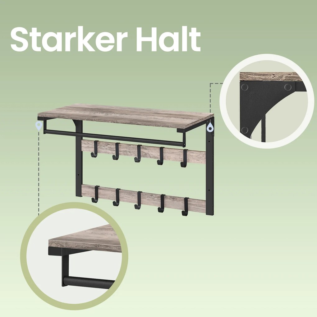 Cabide de parede com prateleira e 10 ganchos removíveis 30 x 65 x 42 cm cinza + preto