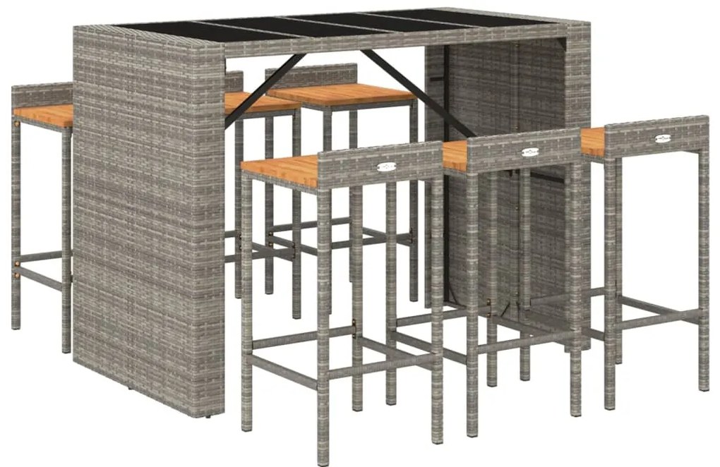 7 pcs conjunto de bar p/ jardim vime PE/acácia maciça cinzento