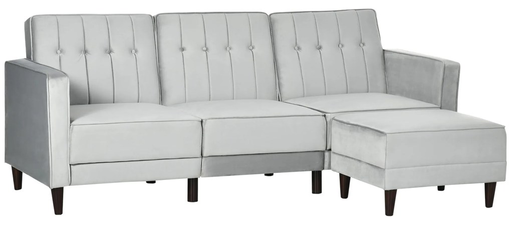 HOMCOM Sofá Cama com Chaise Longue de 3 Lugares Tato Aveludado com Encosto Ajustável e Apoio para os Pés Móvel 218x85x86cm Cinza
