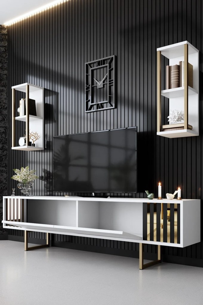 Conjunto de Mobiliário de Sala de Estar Gold Line – Branco e Dourado –