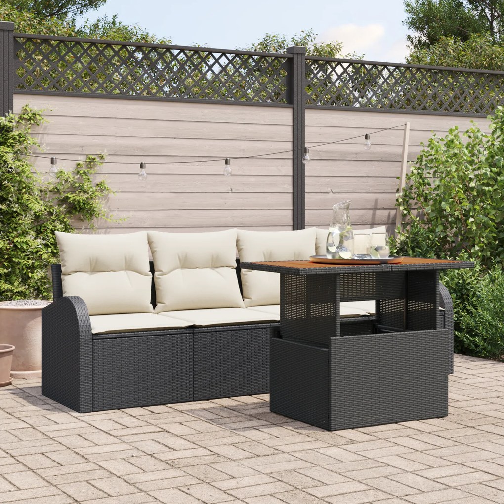 Conjunto de Sofás de Jardim de 5 Peças com Almofadas Preto Rattan Sint
