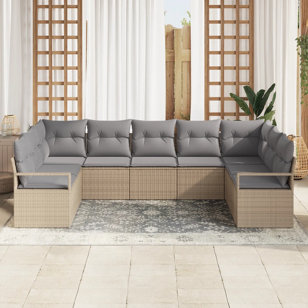 Conjunto de Sofá de Jardim com 9 Peças e Almofadas Bege de Vime Poli