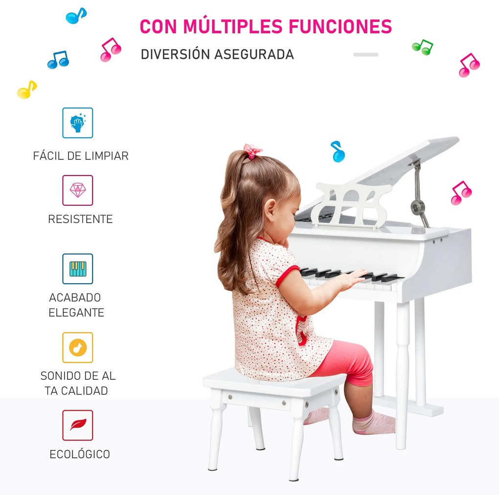 Piano de Cauda Infantil com 30 Teclas Banco Suporte de Partituras Pian