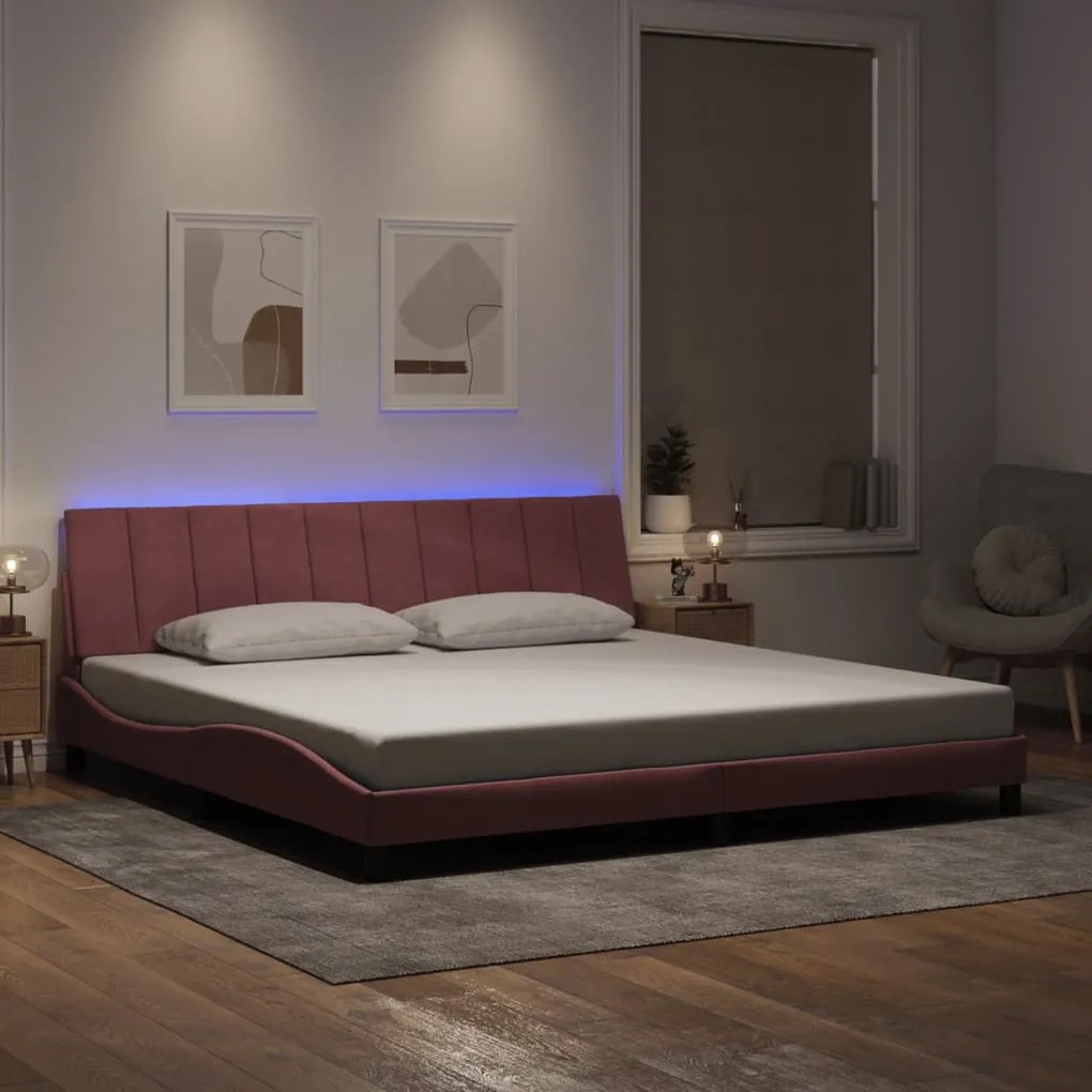 Estrutura de cama c/ luzes LED 200x200 cm veludo rosa
