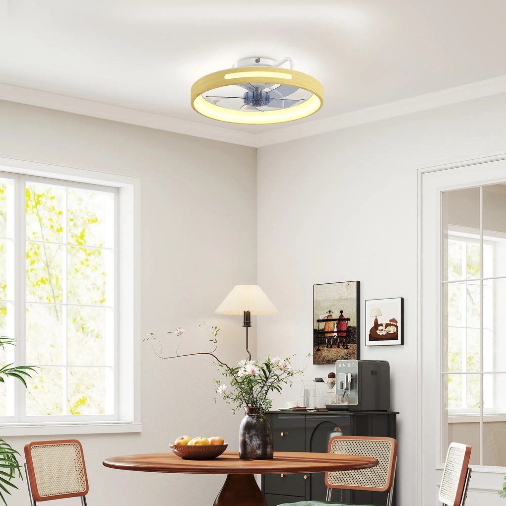 Ventilador de Teto com Luz LED 40 W Motor DC Reversível Comando 6 Velocidades 3 Cores Temporizador Madeira