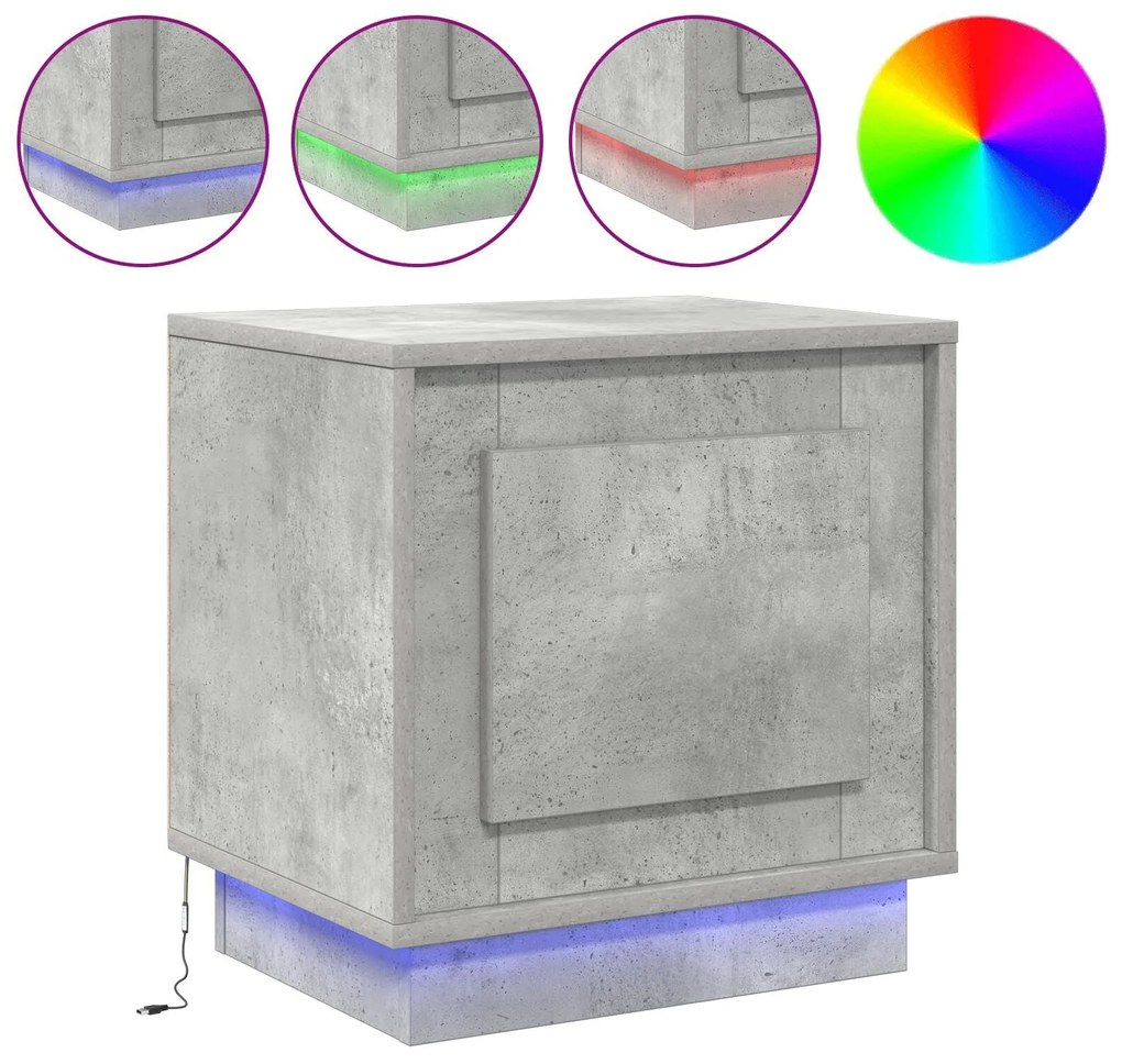 Cômodas de Cabeceira com Luzes LED 2 pcs Cinza Concreto 44x34,5x45 cm