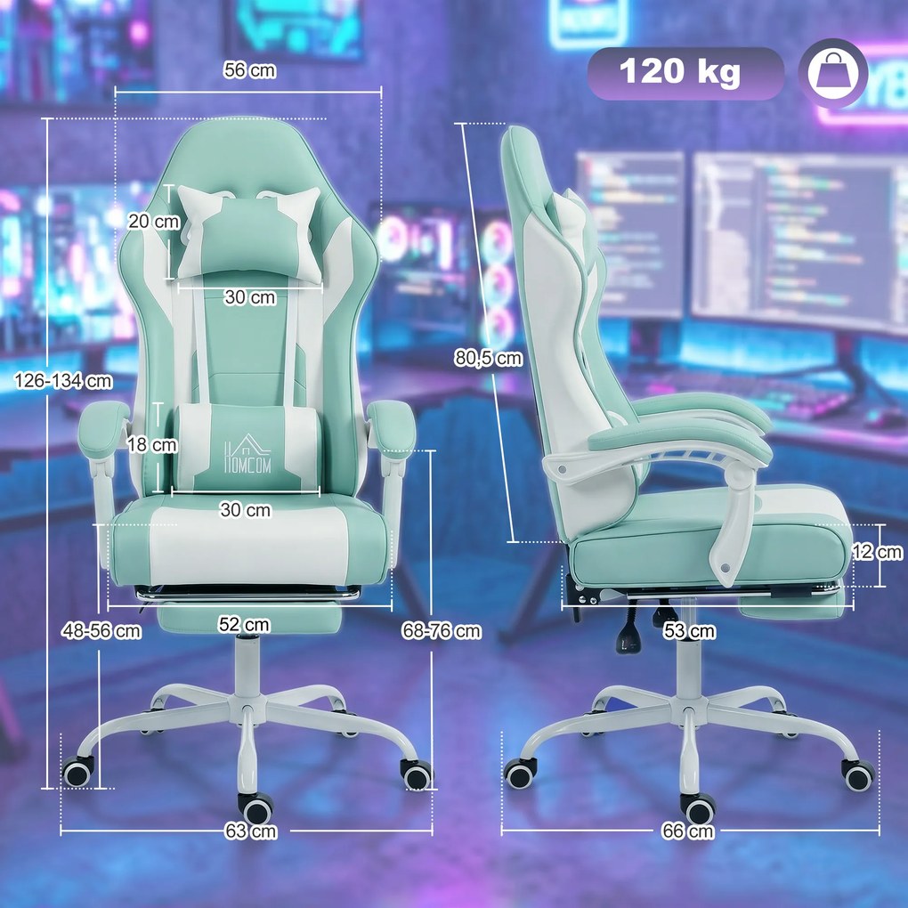 Cadeira Gaming Reclinável 155° com Suporte Lombar com Massagem Apoio de Cabeça e Apoio para os Pés 63x66x126-134 cm Azul Claro