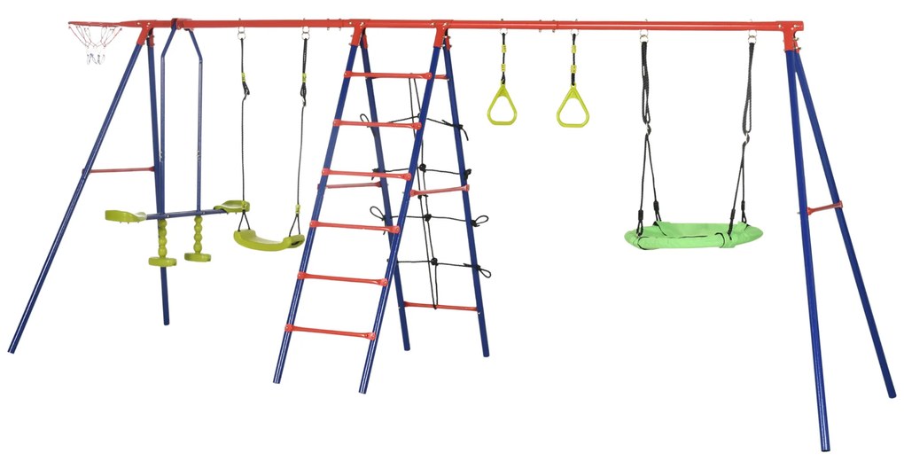 Outsunny Conjunto de Baloiços para Crianças 6 em 1 com Baloiços Cesta de Basquetebol Escada e Argolas 435x135x177 cm Multicor | Aosom Portugal