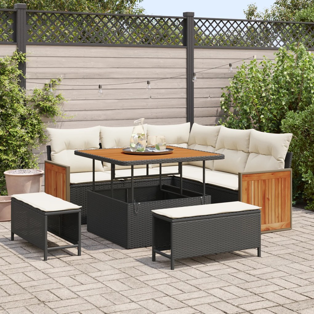 Conjunto de Sofá de Jardim 8 Peças com Almofadas Preto Rattan Sintético Acácia