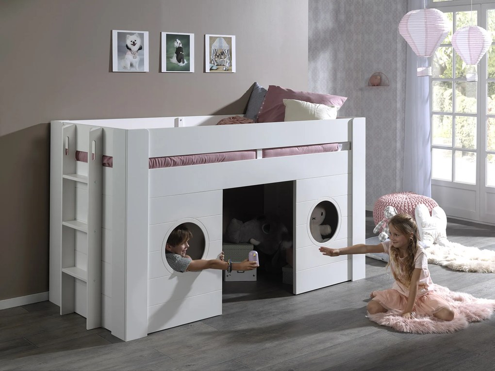 Cama infantil de grades FREYA (90x200) + estrado + escada branca