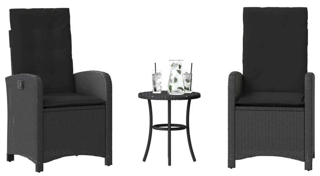 vidaXL 3 pcs conjunto de bistrô com almofadões vime PE preto