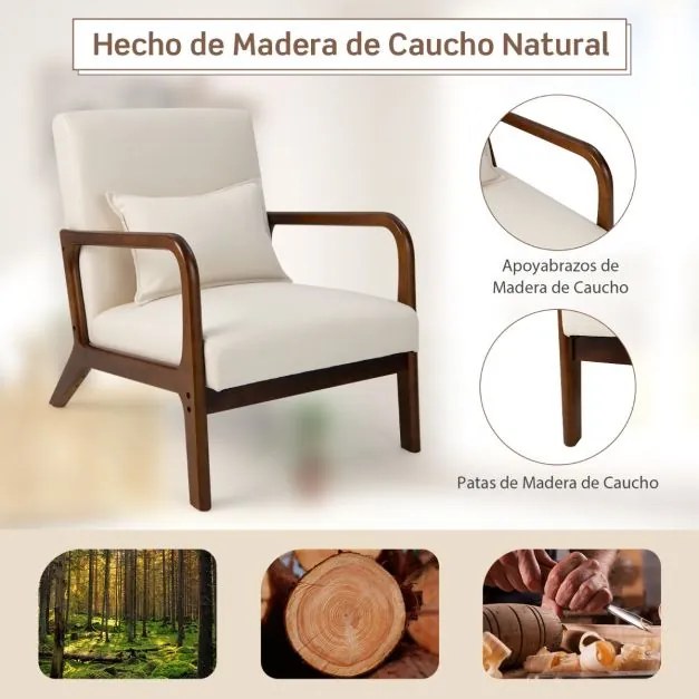 Poltrona Moderna 79 x 65 x 77 cm com Estrutura em Madeira de Borracha Almofada Lombar Almofadas de Feltro Antiderrapantes Bege