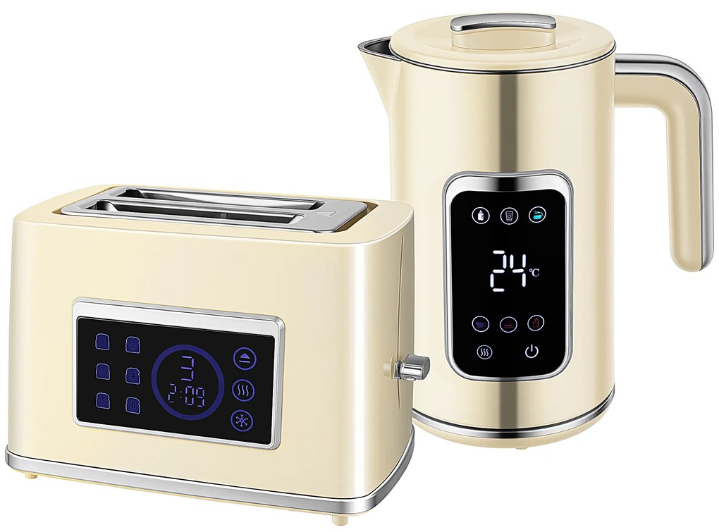 HOMCOM Fervedor de Água 1,7L 3000W Função Manter Quente Torradeira de Pão com Fenda Larga para 2 Fatias 6 Níveis de Tostagem Creme | Aosom Portugal