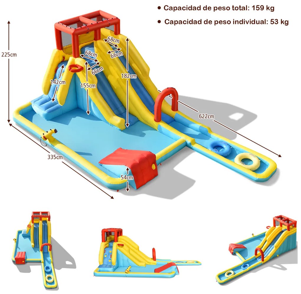 Castelo Insuflável para Crianças Parque Aquático com Dupla Corrediça Jogo de Basquetebol Parede de Escalada Sem ventilador 622 x 335 x 225 cm