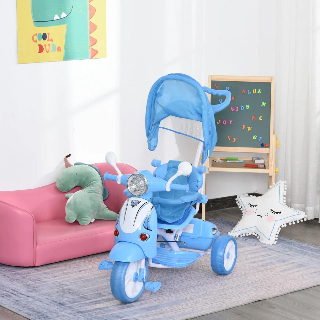 HOMCOM Triciclo para crianças acima de 3 anos Triciclo evolutivo dobrável com funções de luz e música Toldo Forma DE Motocicleta 102x48x96 cm Azul