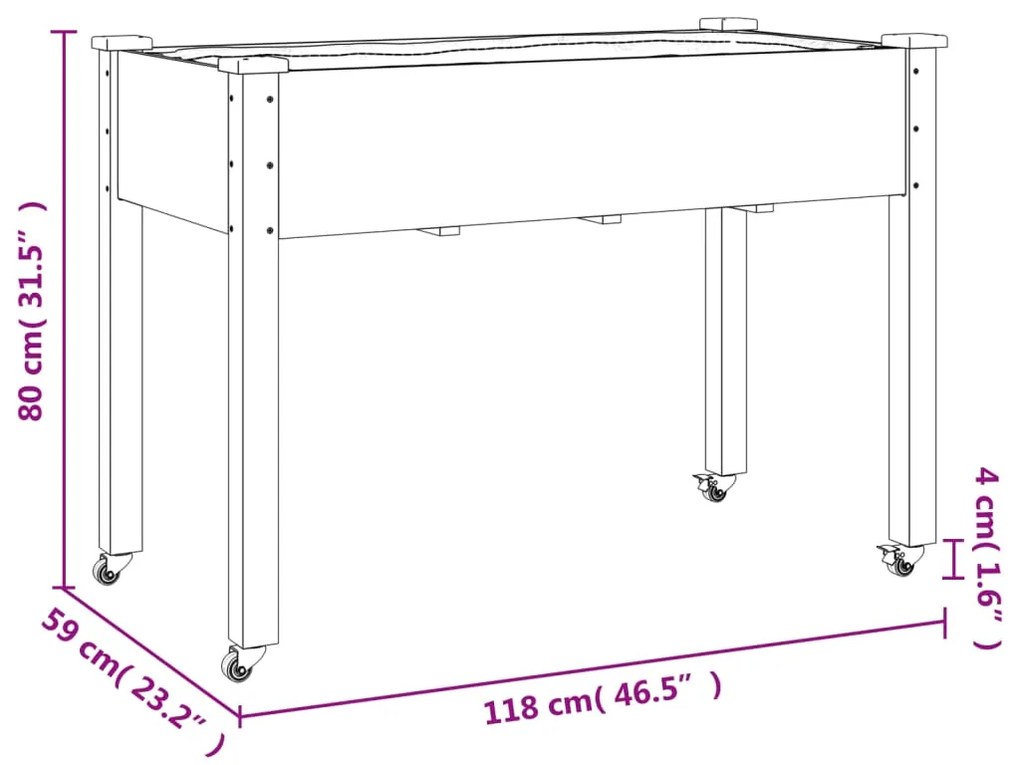 Floreira c/ forro e rodas 118x59x80 cm abeto maciço castanho