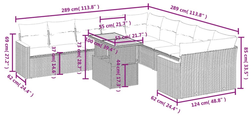 11 pcs conjunto sofás de jardim c/ almofadões vime PE bege