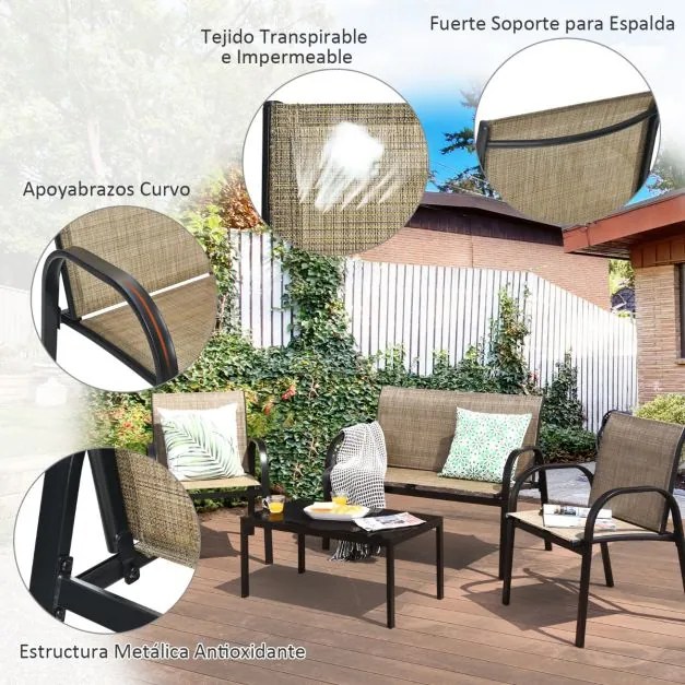 Conjunto jardim de mesa de centro, cadeirão e banco para mobiliário Mesa de jardim em ferro e rede Mesa de centro para terraço exterior Castanho