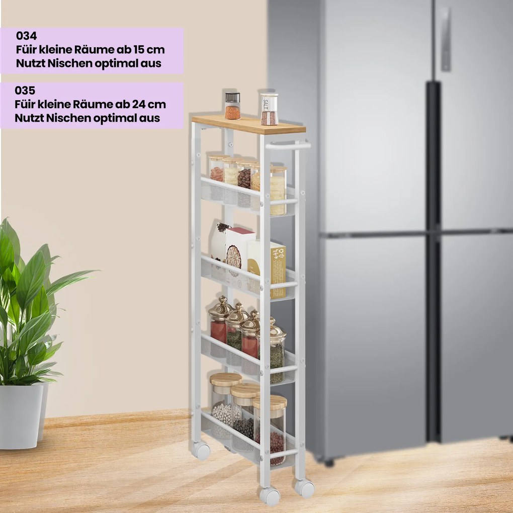 Carrinho de cozinha estreito com rodas e 5 prateleiras 13 x 45,4 x 99,6 cm branco + cor de carvalho