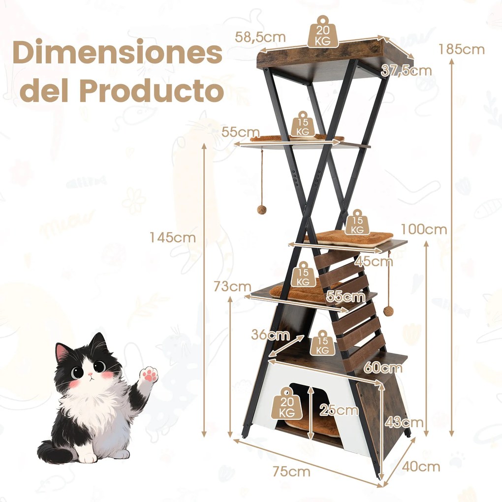Arranhador para gatos de 185 cm, com vários níveis, 4 plataformas, almofadas, caverna, tapete para arranhar, elásticos e bolas suspensas, em Castanho