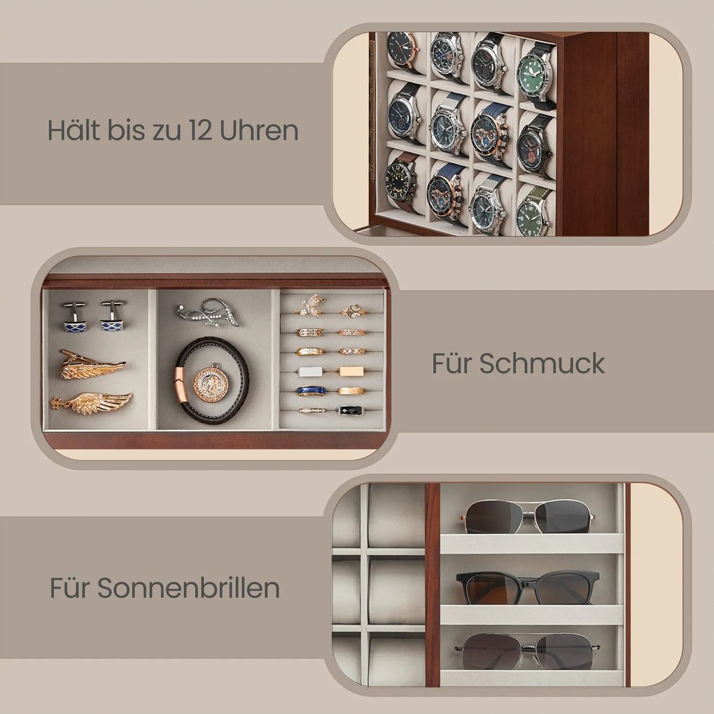 Caixa para relógios com 12 compartimentos, folheado de madeira maciça com janela 15,5 x 30 x 33,2 cm castanho
