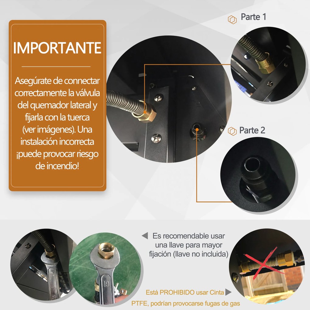 Outsunny Barbecue a Gás com 4+1 Queimadores 14,4KW Mesas Laterais Armário de Armazenamento Termômetro e 2 Rodas Aço Inoxidável 125x51x100cm Preto
