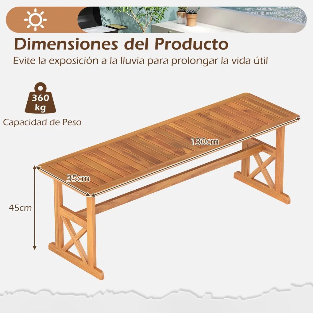 Banco de jardim em madeira de acácia 35 x 130 x 45 cm, sem encosto, assento com ripas, para 2-3 pessoas, para sala de jantar, alpendre, jardim, varand