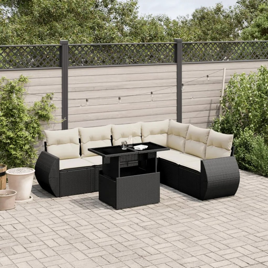 7 pcs conjunto de sofás p/ jardim c/ almofadões vime PE preto